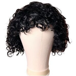 Natural Black Human Hair Curly Bob With Bangs 12 Inch Wig
